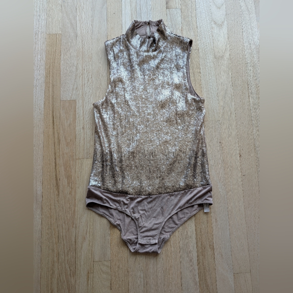Anthropologie Floreat Gold Sequin Mock Neck Bodysuit (Size Small)